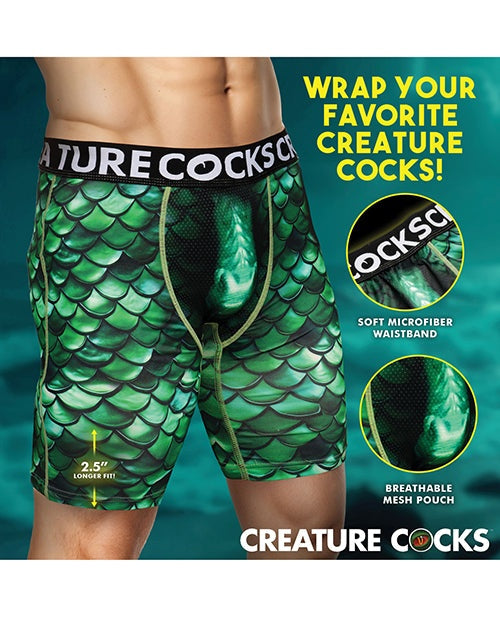 Creature Cocks green monster scale boxer shorts with breathable pouch and microfiber waistband