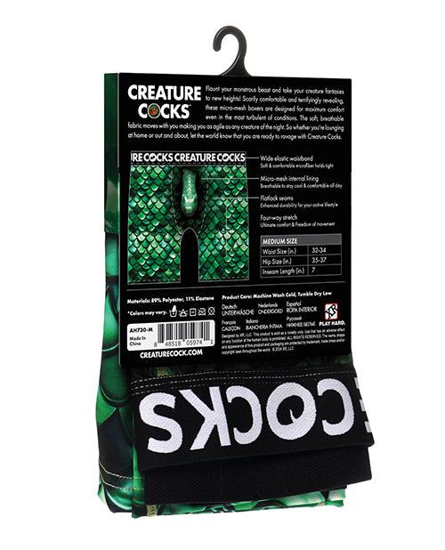 Creature Cocks monster-themed boxer shorts with scaly green design and breathable pouch for comfort and style