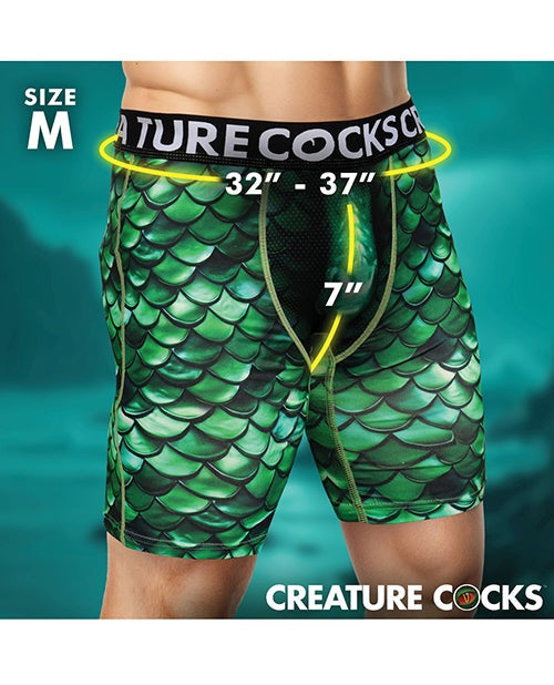 Creature Cocks green scaly monster-themed boxer shorts with supportive mesh pouch and stretchy fabric