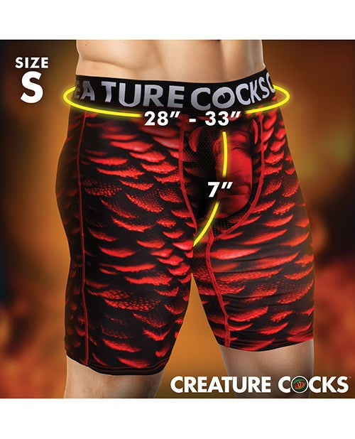 Creature Cocks Creature Wear red and black scaly monster-themed boxer shorts with breathable mesh pouch and supportive waistband, size S 28-33 inch waist