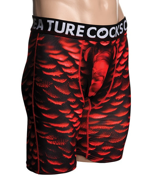 Creature Cocks monster-themed red and black boxer shorts with breathable mesh pouch and stretchy fit