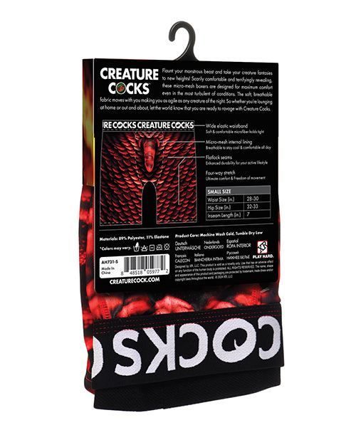 Creature Cocks monster-inspired boxer shorts with scaly red graphics and breathable mesh pouch for comfort and support