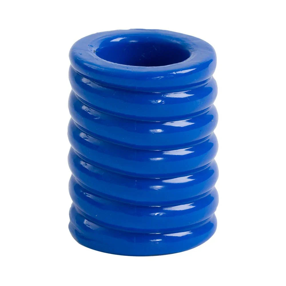 TitanMen Cock Cage in blue, ribbed texture, anti-bacterial PVC, snug fit.