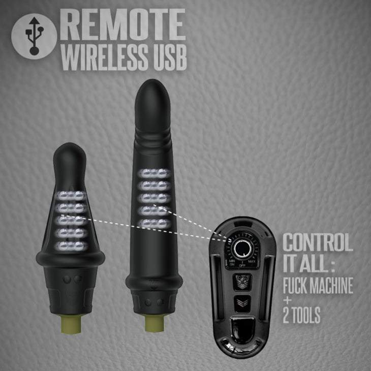 Remote-controlled Fort Troff FT GUNNER 3-In-1 modular fuck machine with attachments.