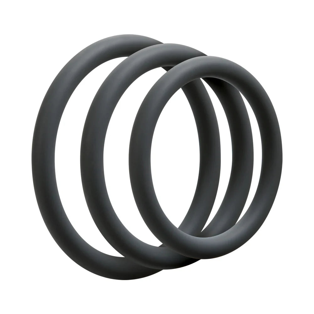 OptiMALE 3 C-Ring Set in Thin Slate featuring three stretchable silicone rings in 40mm, 45mm, and 50mm sizes.