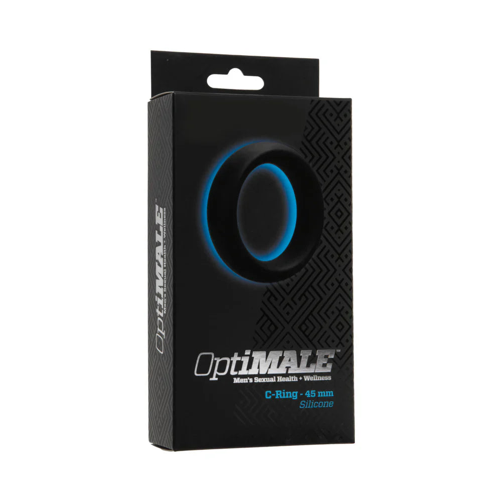 OptiMALE 45mm Black C-Ring in sleek packaging, premium silicone cock ring for enhanced performance.