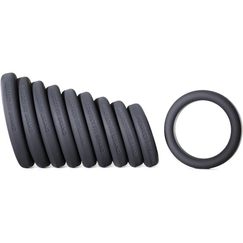 Perfect Fit Play Zone Kit Black - Xact-Fit cock rings in various sizes with storage cone.