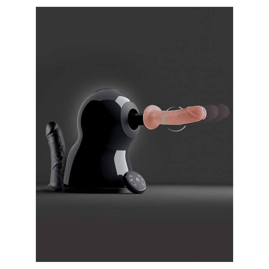 Pipedream Fetish Fantasy Series 7-Piece The Bigger Bang Thrusting & Rotating Sex Machine Kit displaying versatile attachments and motion settings.