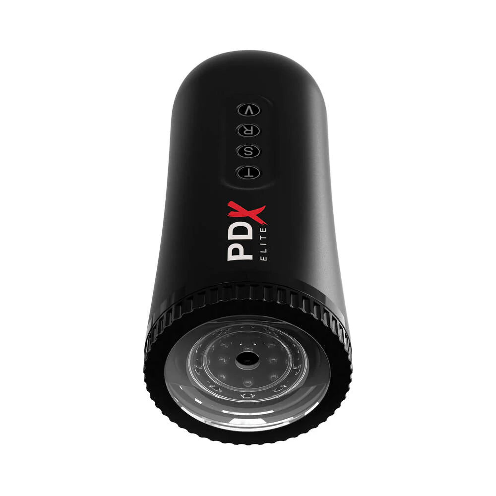 PDX Elite Moto Blower Rechargeable Vibrating Suction Masturbator in clear and black design.