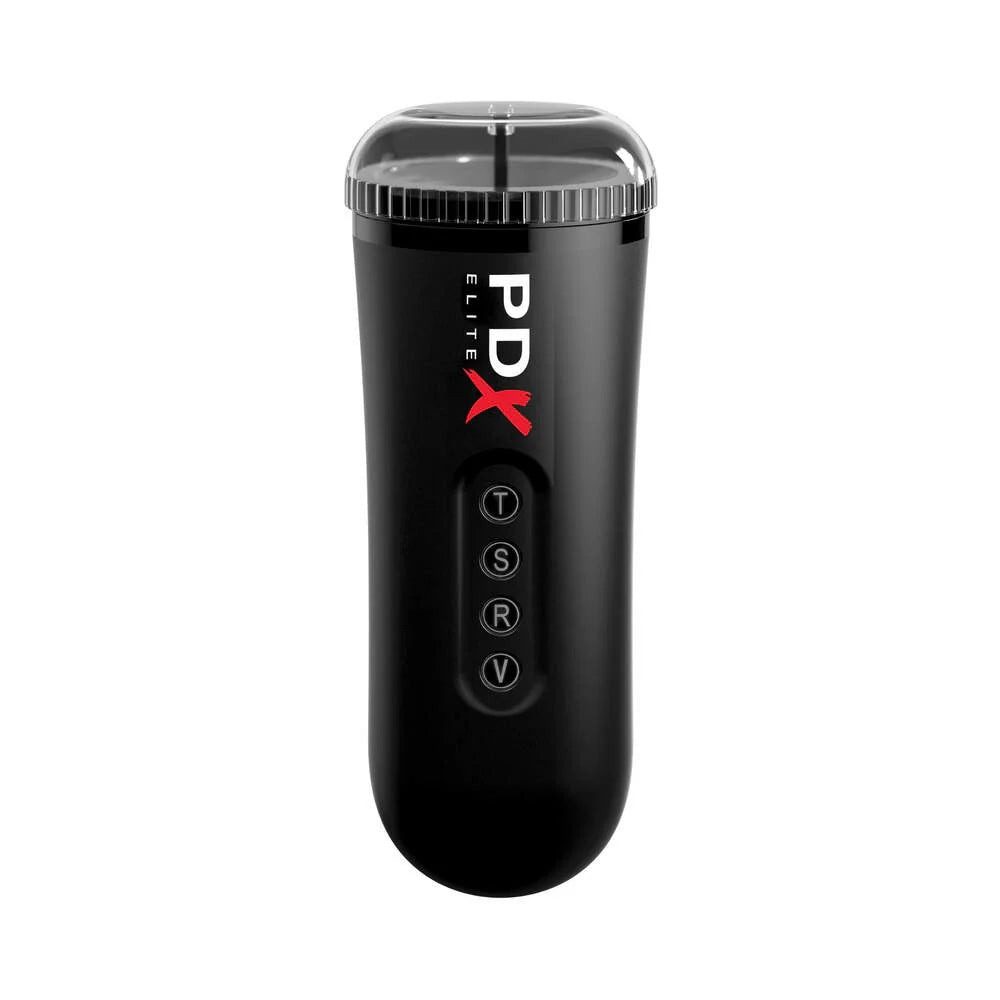 PDX Elite Moto Blower Rechargeable Vibrating Suction Masturbator in sleek black design.