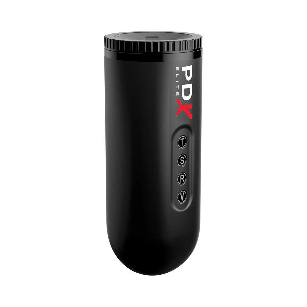 PDX Elite Moto Blower Rechargeable Vibrating Suction Masturbator in black with control buttons.