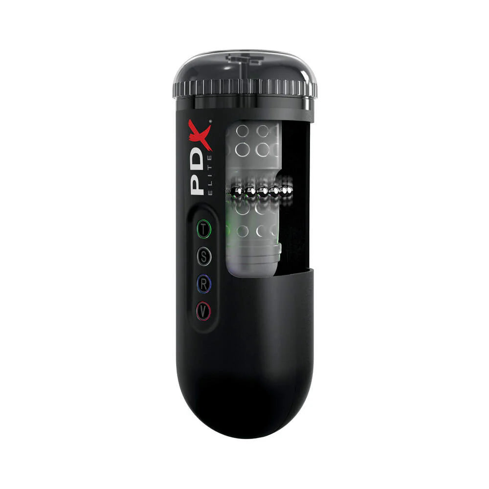 PDX Elite Moto Blower Rechargeable Vibrating Suction Masturbator in black, showcasing multi-speed vibration and suction controls.