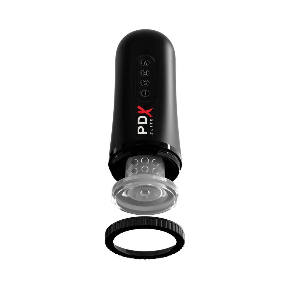 PDX Elite Moto Blower Rechargeable Vibrating Suction Masturbator in black and clear design.