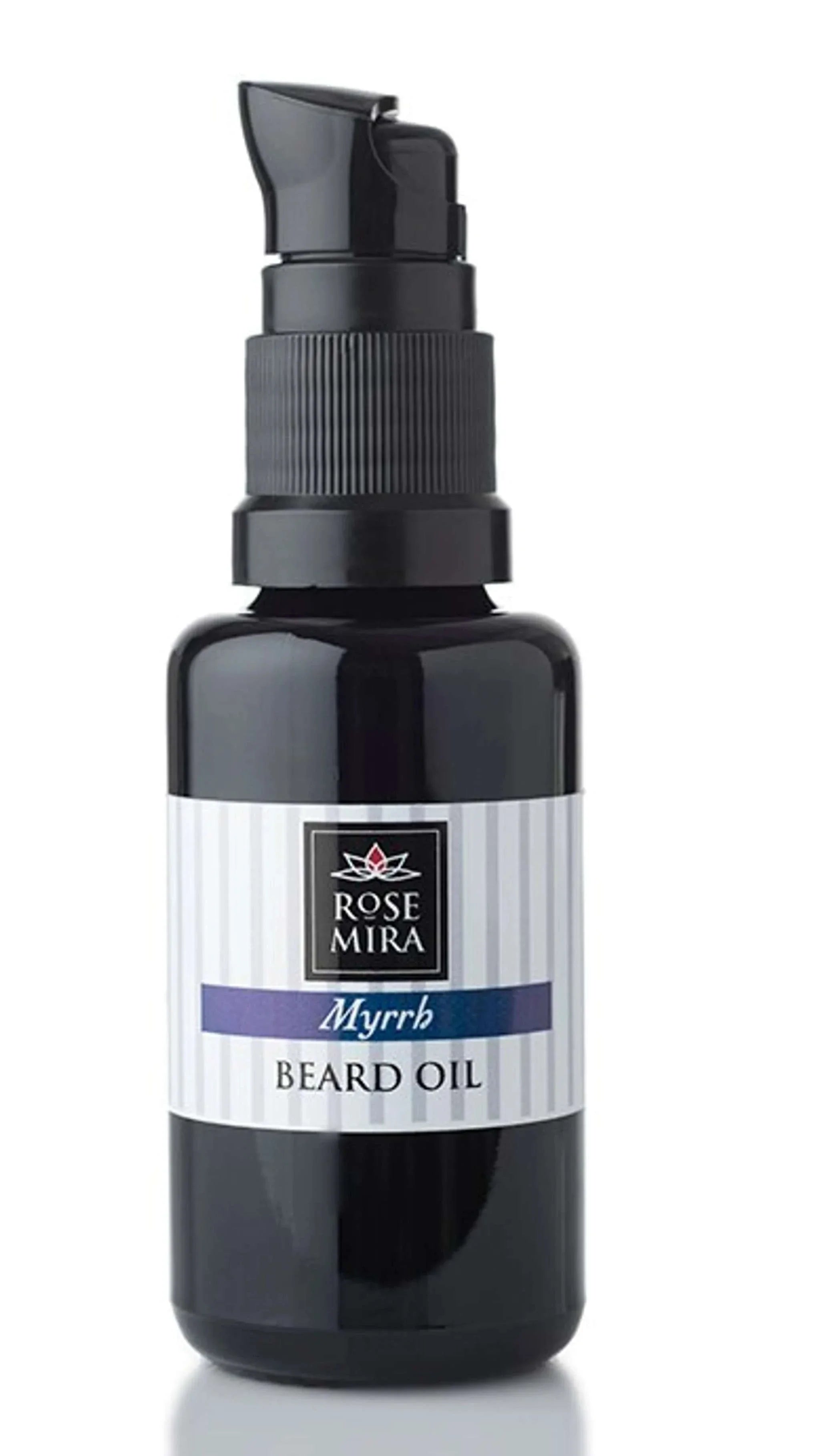 0.5oz dark bottle of Rose Mira Myrrh beard oil with pump dispenser