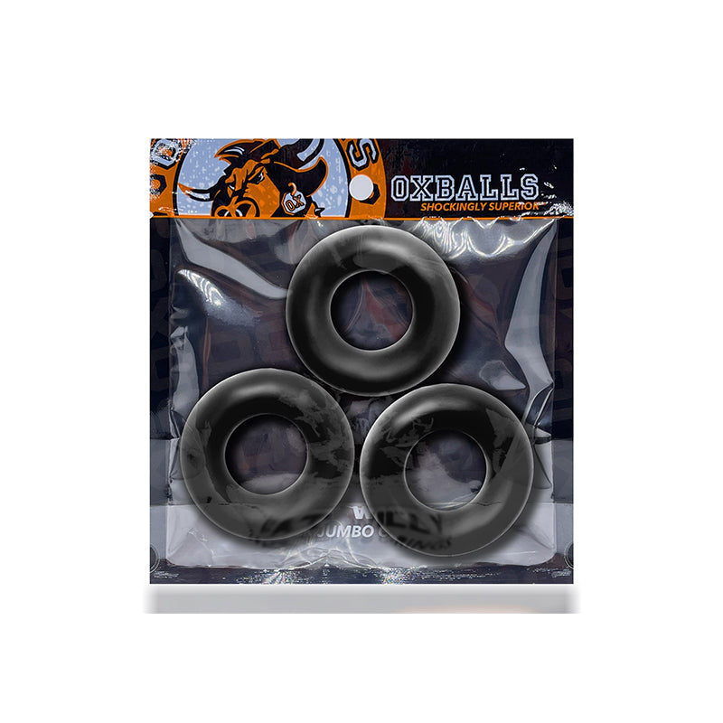 OxBalls Fat Willy 3-Pack Jumbo Cockrings FLEXtpr set in black packaging.