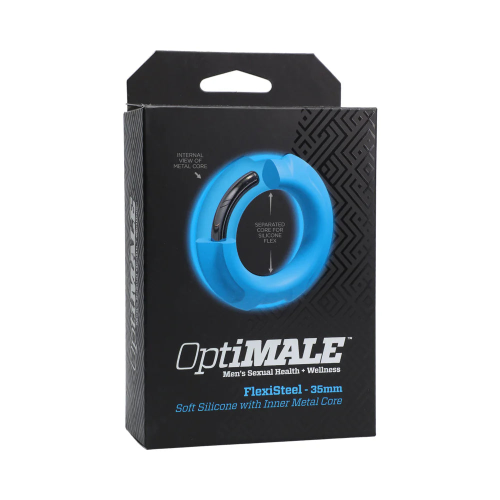 OptiMALE FlexiSteel Silicone Metal Core Cock Ring 35 mm Blue packaging showing design and features.