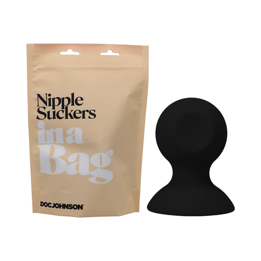 Doc Johnson Nipple Suckers In A Bag Silicone Black set with packaging displayed.