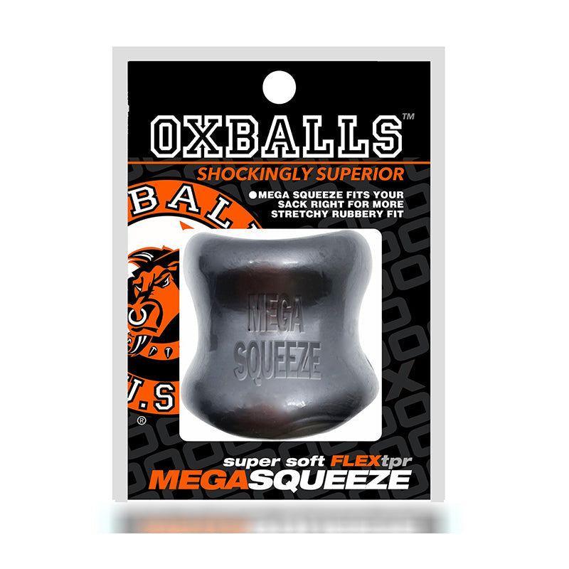 Oxballs Mega Squeeze Ergofit Ballstretcher packaging, ergonomic design for enhanced pleasure and comfort.