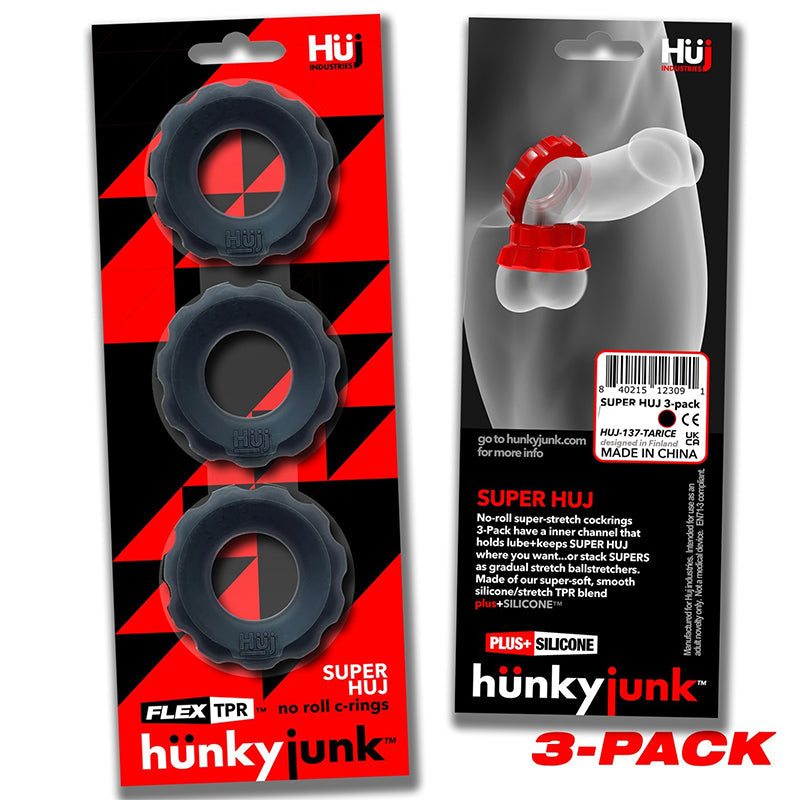 Hunkyjunk SuperHuj 3-Pack Cockrings packaging with three black cockrings and product details.