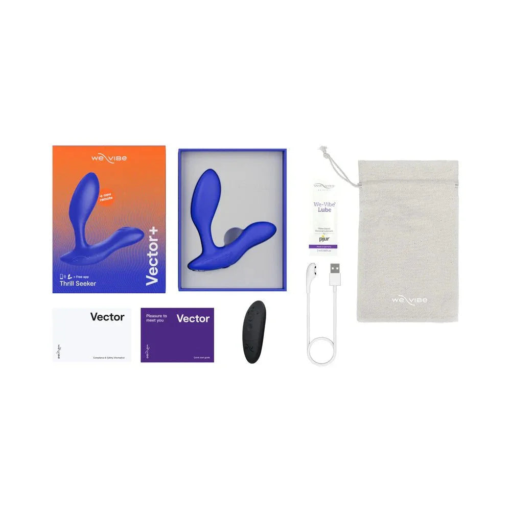 We-Vibe Vector+ Dual Stimulation Prostate Massager Royal Blue with accessories including USB charger, remote, and storage pouch.