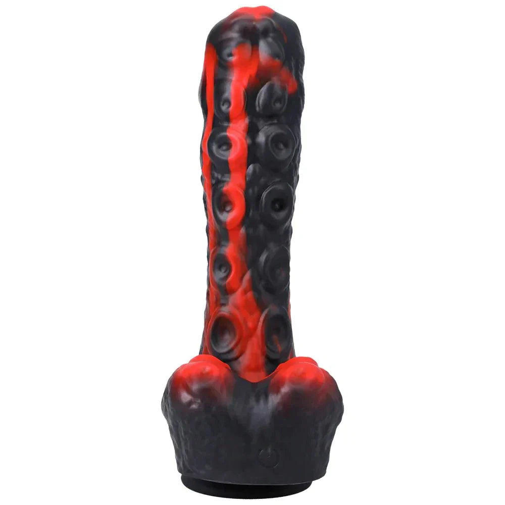 Rechargeable remote-controlled thrusting dildo, red/black silicone, 8.5-inch with textured design.