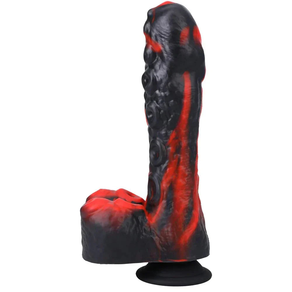 Rechargeable silicone thrusting dildo with red and black design.