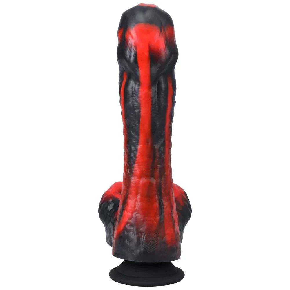 Rechargeable silicone dildo with remote control, thrusting action, red and black color.