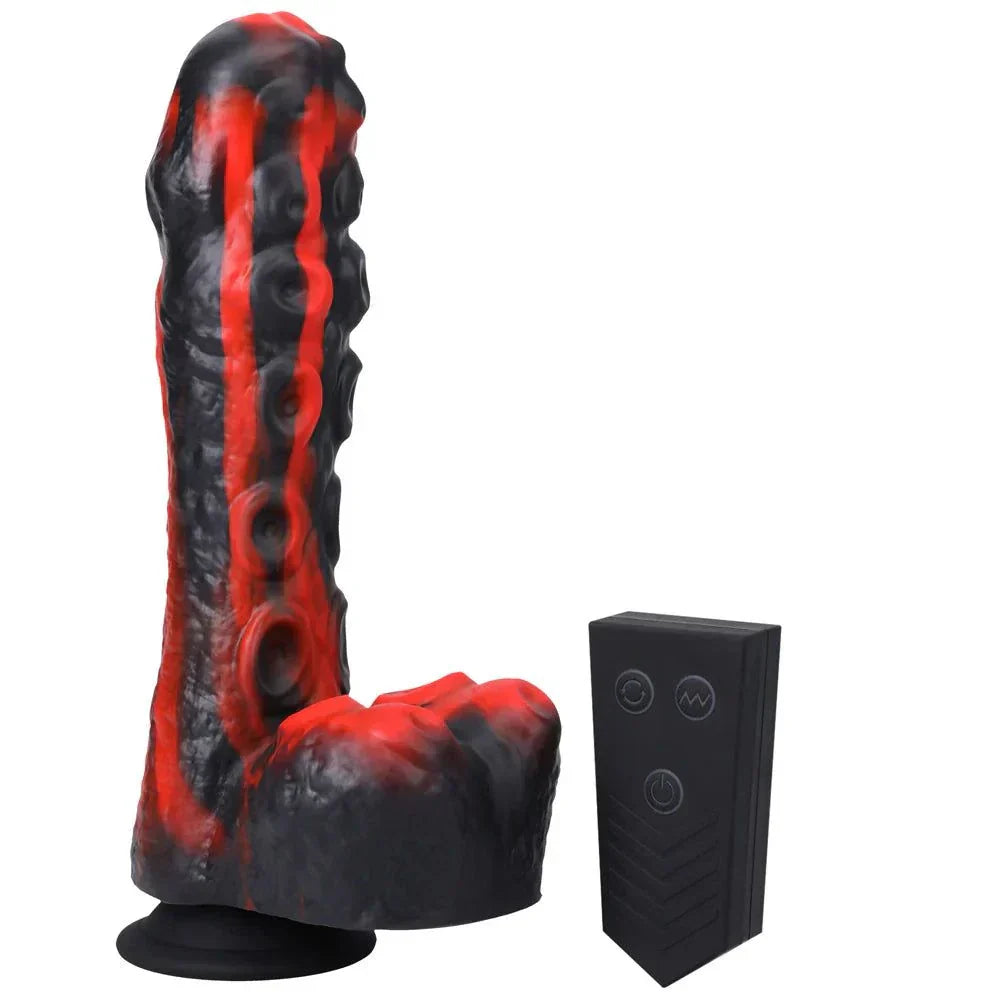 Rechargeable remote-controlled silicone dildo with suction cup base in red/black.