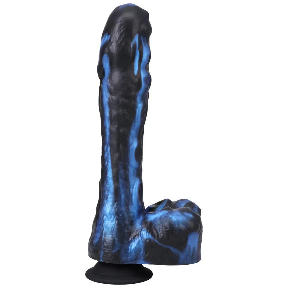 Rechargeable remote-controlled silicone dildo, blue and black, with 8.5-inch thrusting capability.