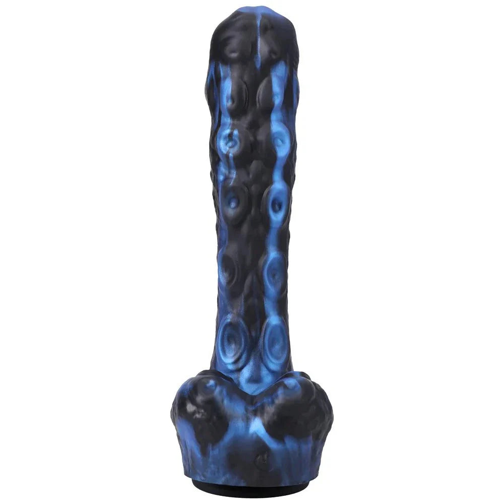 Rechargeable remote-controlled silicone thrusting dildo with textured surface in blue and black.