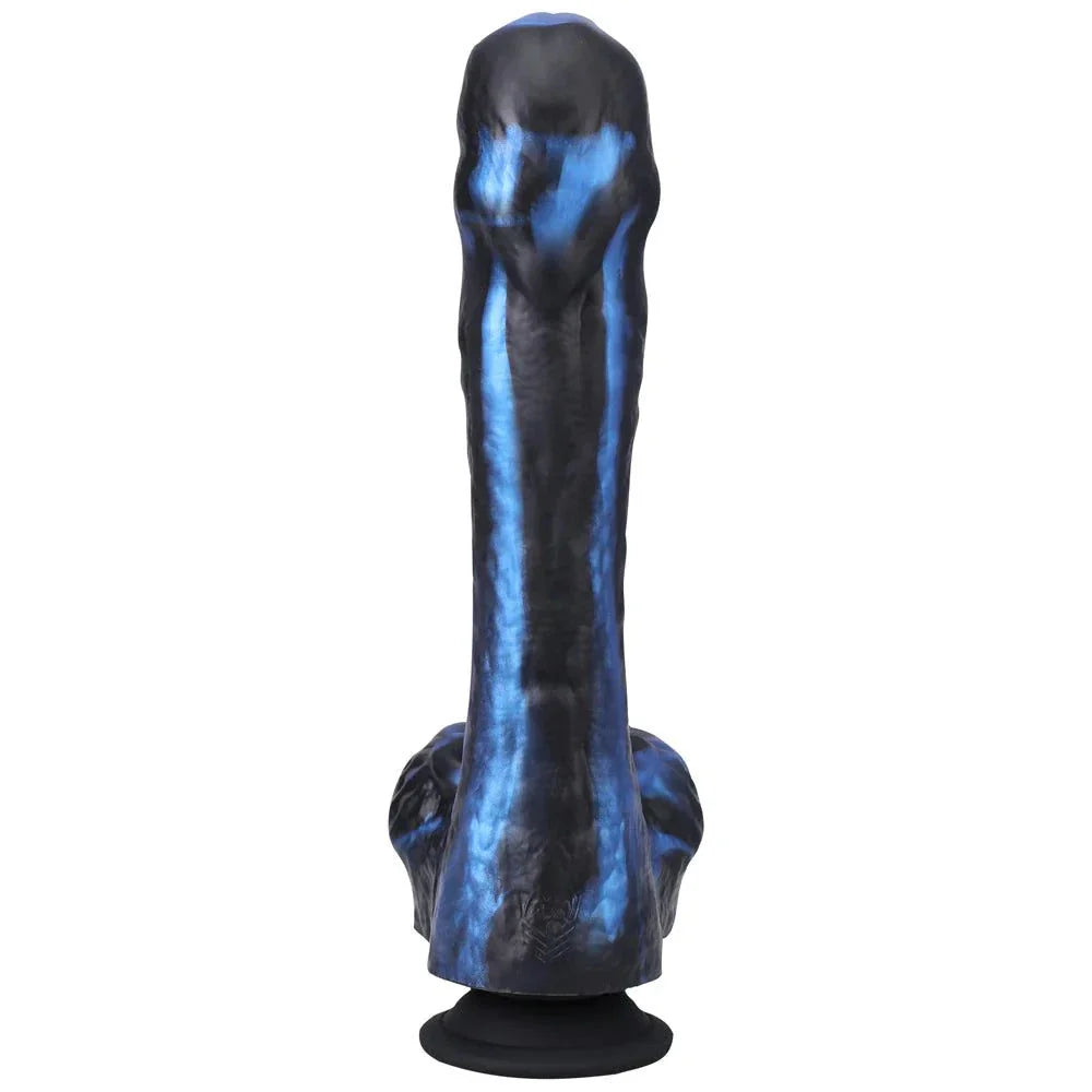 Rechargeable blue silicone thrusting dildo with suction cup base.