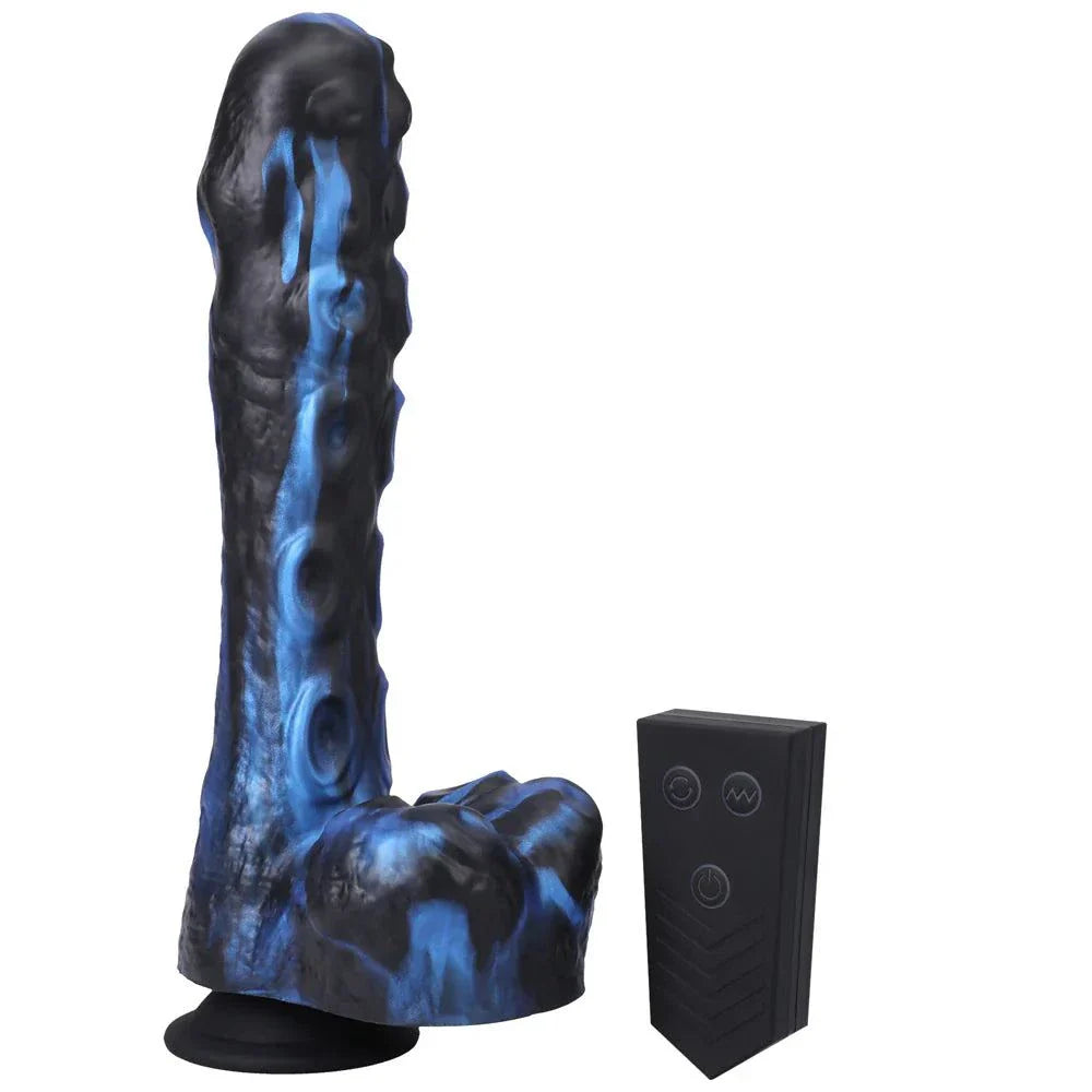 Rechargeable remote-controlled blue and black silicone thruster dildo with textured design and suction cup base.