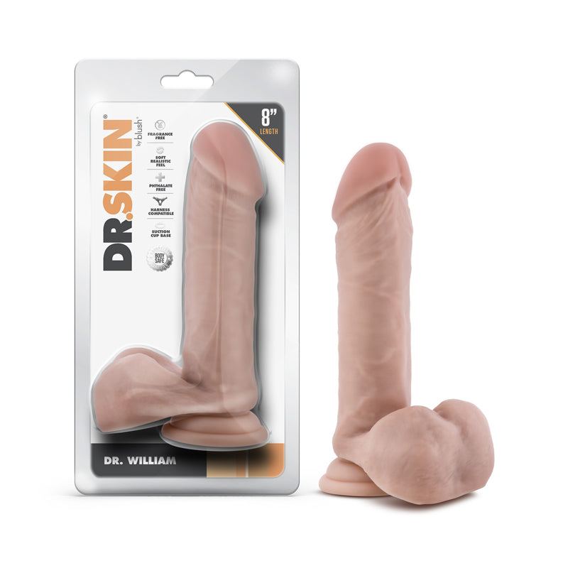 Realistic 8-inch suction dildo with balls, veined shaft, textured details, and sturdy base.