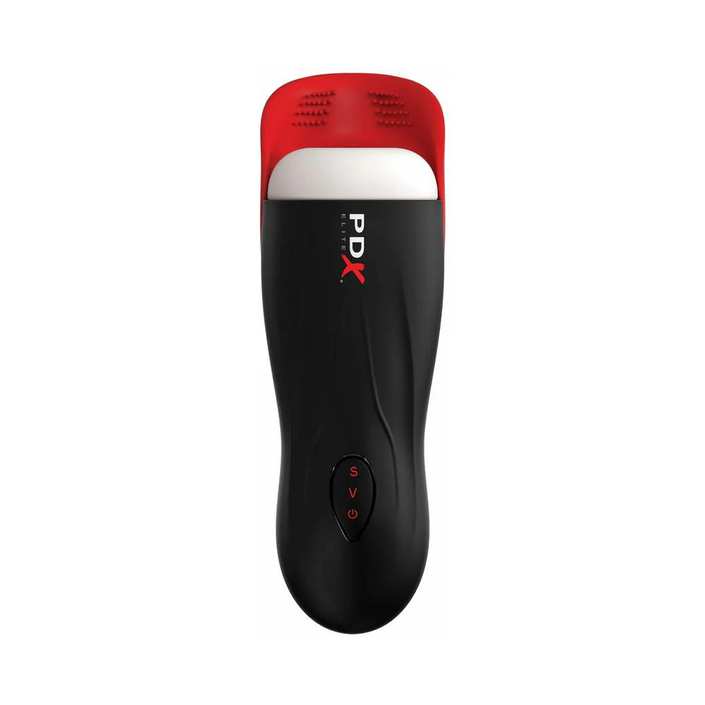 PDX Elite Fap-O-Matic Pro male masturbator with powerful suction and vibration features, black and red design.