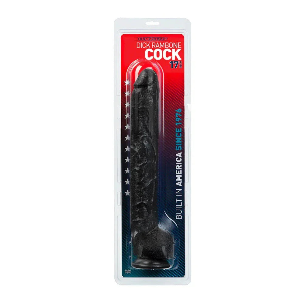 Dick Rambone 18 in. x 2.5 in. Black dildo with textured veins and suction cup base in packaging.