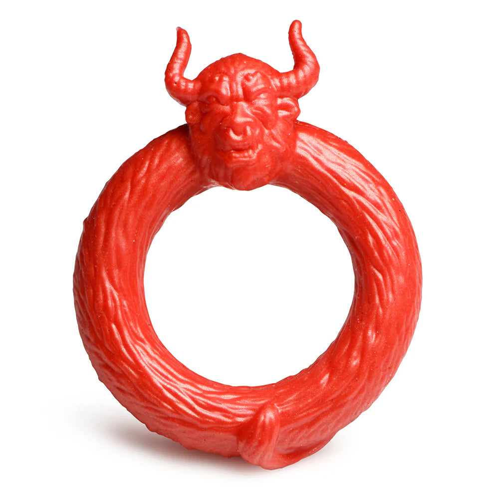 Fiery red Beast Mode silicone cock ring resembling a minotaur, crafted for primal pleasure and enhanced performance.