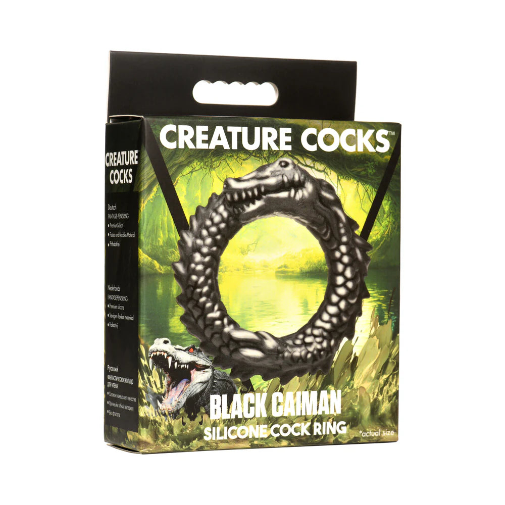 Creature Cocks Black Caiman Silicone Cock Ring packaging with caiman design.