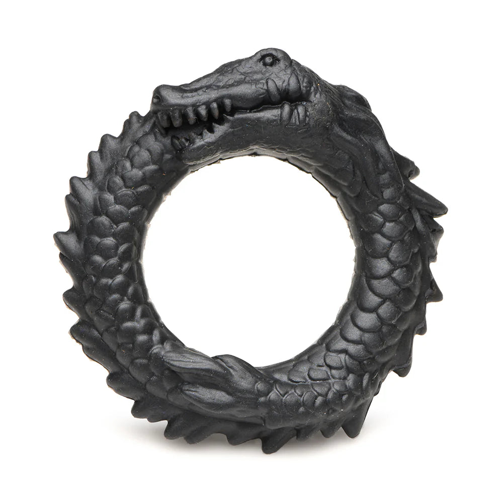 Creature Cocks Black Caiman Silicone Cock Ring with caiman design, stretchy and body-safe.