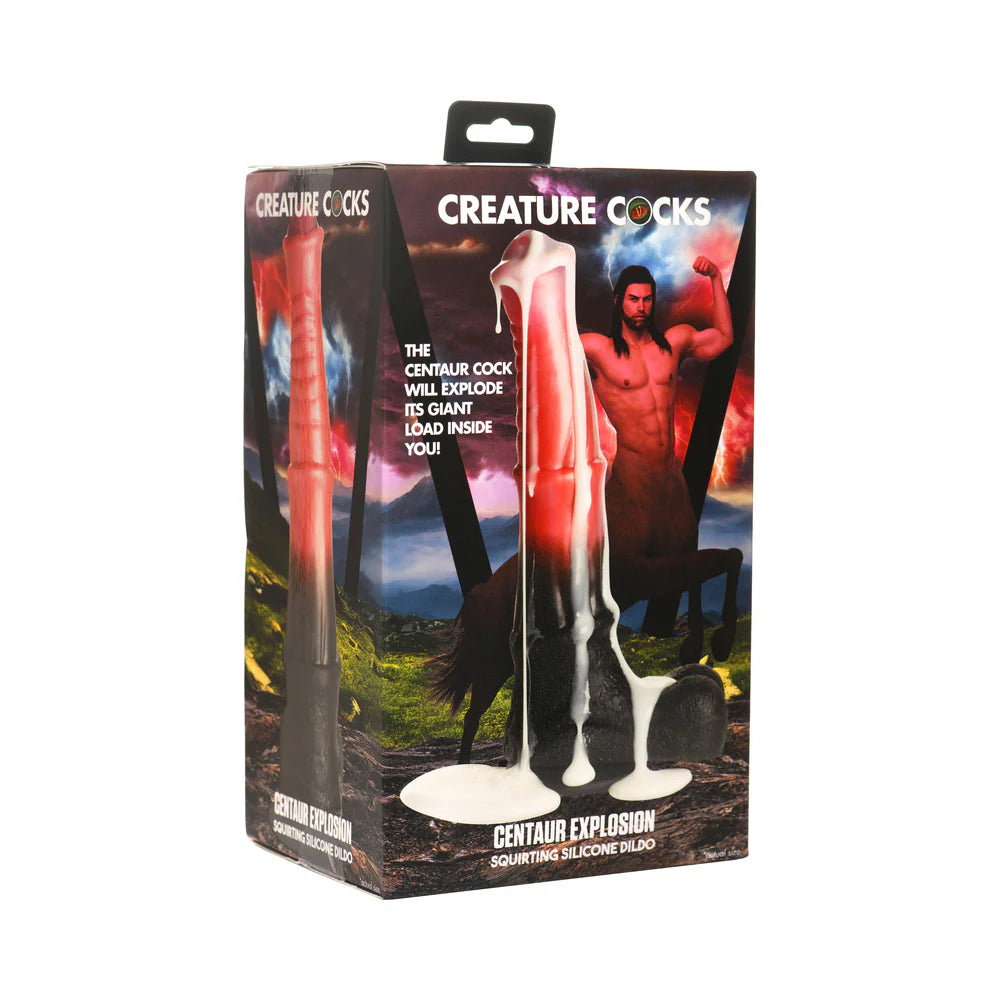 Creature Cocks Centaur Explosion Squirting Silicone Dildo packaging showing product design and features.