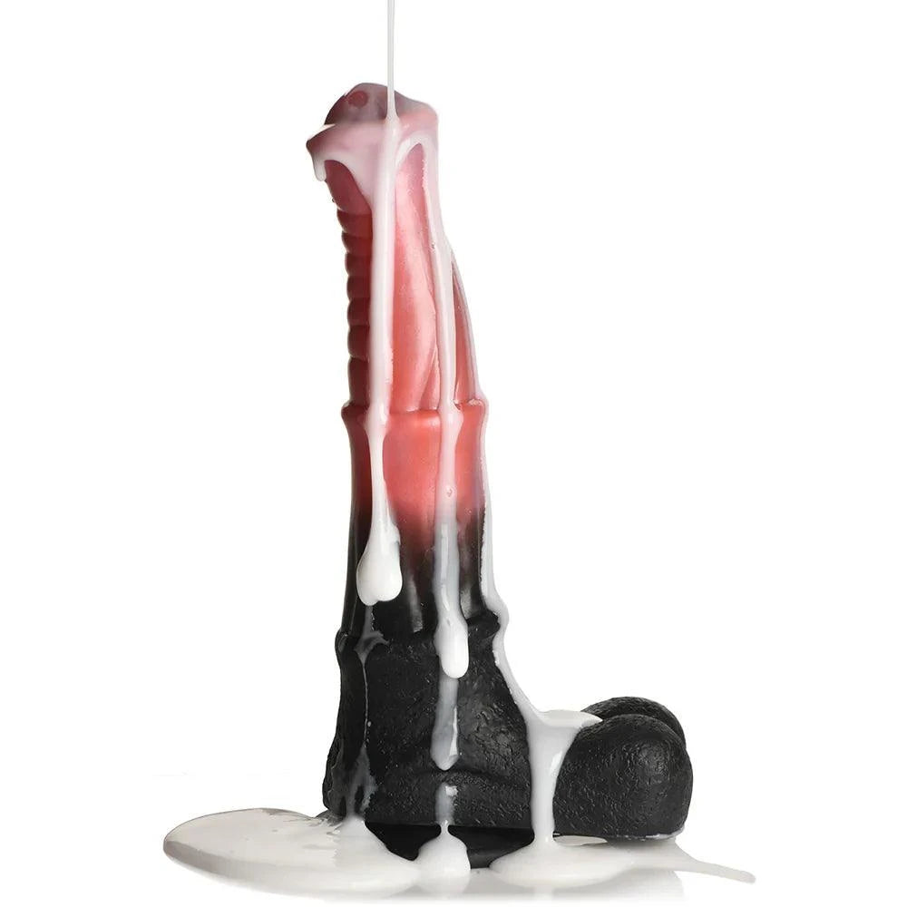 Creature Cocks Centaur Explosion Squirting Silicone Dildo in peach and black, featuring a ribbed shaft, flared head, and big black balls, with squirting mechanism.