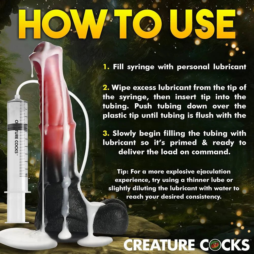 Creature Cocks Centaur Explosion Squirting Silicone Dildo with guide on using lubricant for squirting sensation.