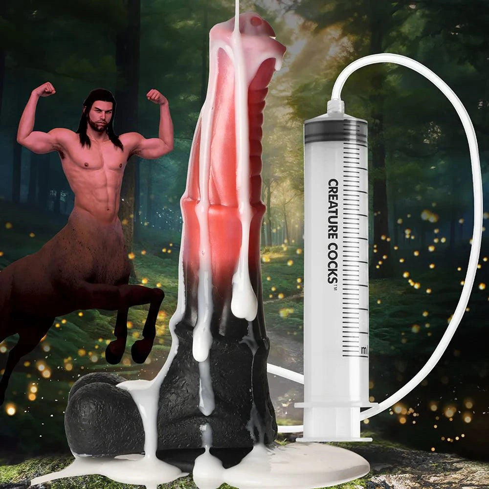 Creature Cocks Centaur Explosion Squirting Silicone Dildo with syringe attachment in forest setting.