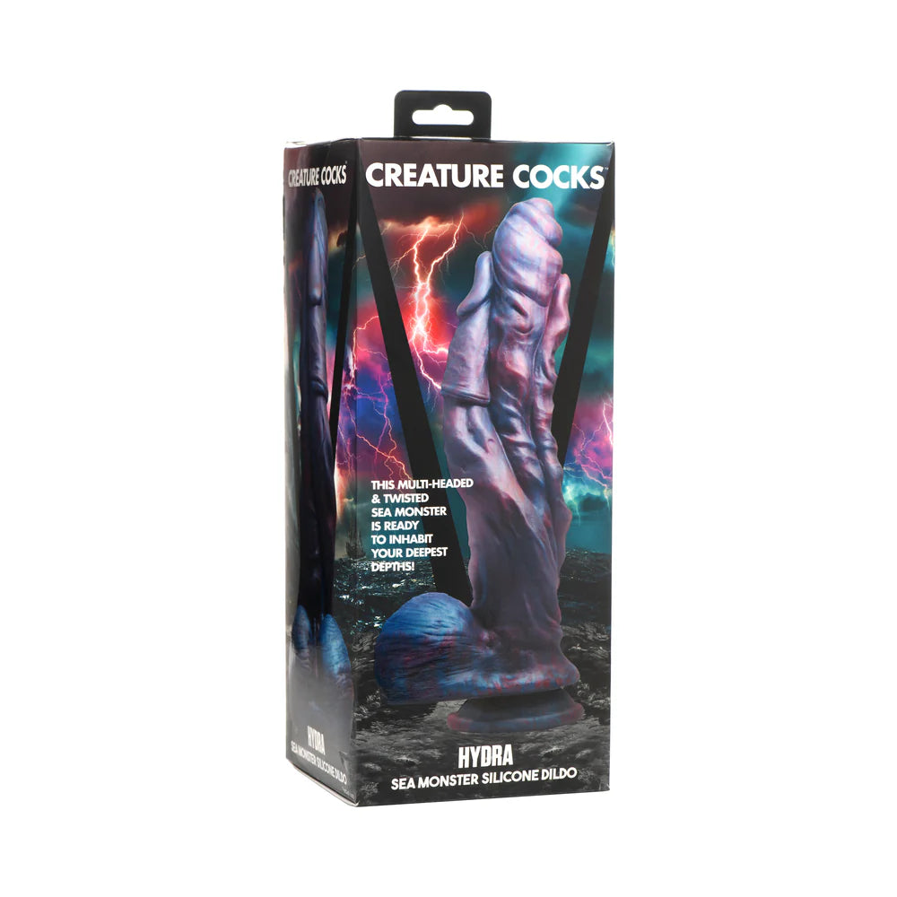 Creature Cocks Hydra Sea Monster Silicone Dildo packaging showing multi-headed design against stormy sea backdrop.