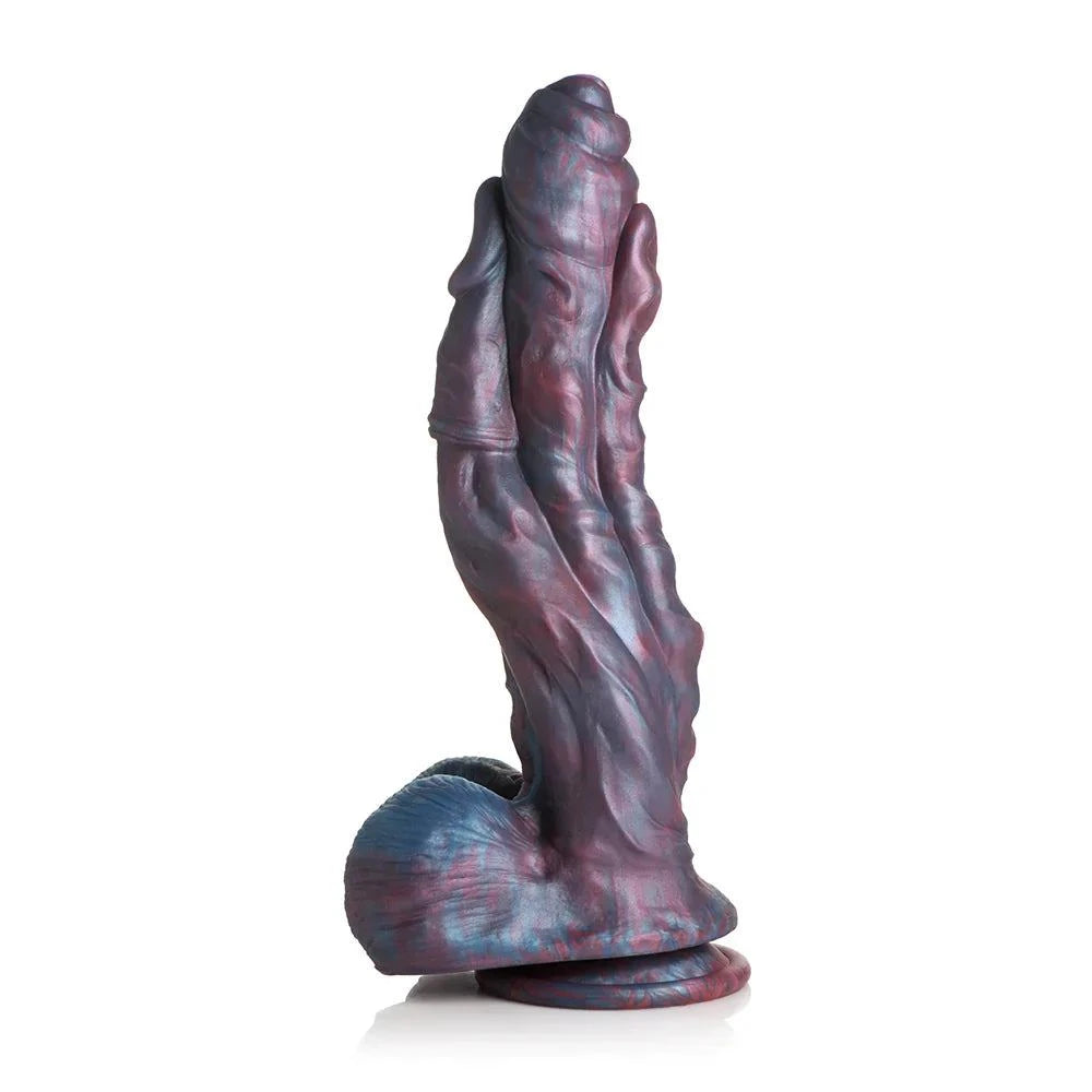 Creature Cocks Hydra Sea Monster Silicone Dildo with three heads, dark blue and red swirl, premium silicone, suction base.