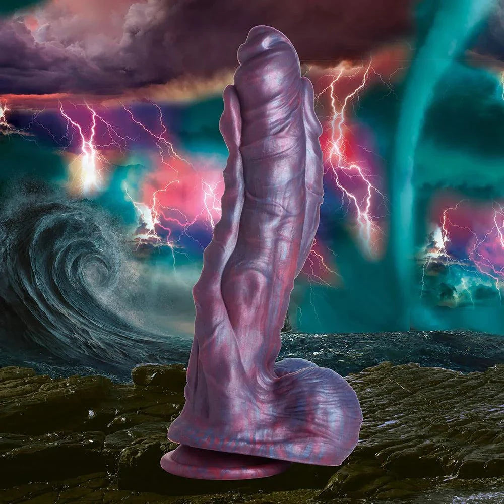 Creature Cocks Hydra Sea Monster Silicone Dildo with swirling dark blue and red hues against a stormy background.