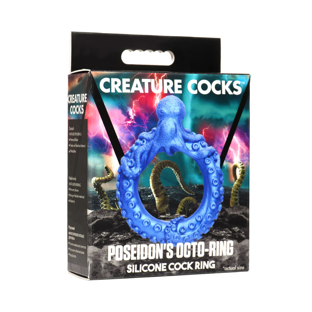 Brilliant blue octopus-themed silicone cock ring in packaging by Creature Cocks.