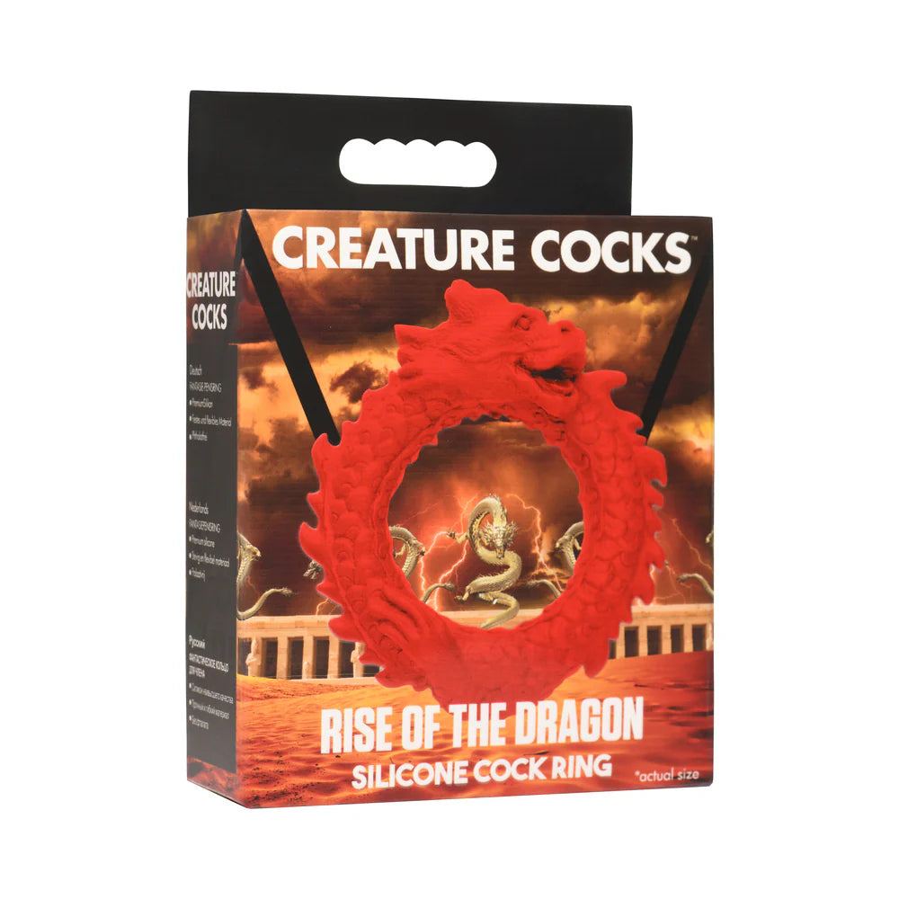 Red dragon silicone cock ring packaging for Creature Cocks Rise of the Dragon, designed to enhance performance and pleasure.