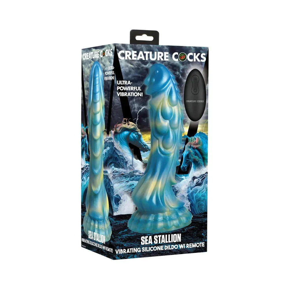 Creature Cocks Sea Stallion Vibrating Silicone Dildo with Remote in packaging.