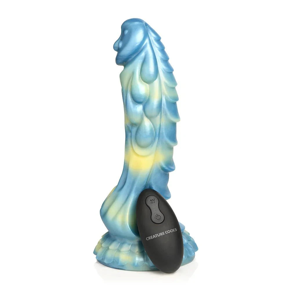 Creature Cocks Sea Stallion Vibrating Silicone Dildo with Remote, blue and yellow design, ribbed scales, suction cup base, remote control.