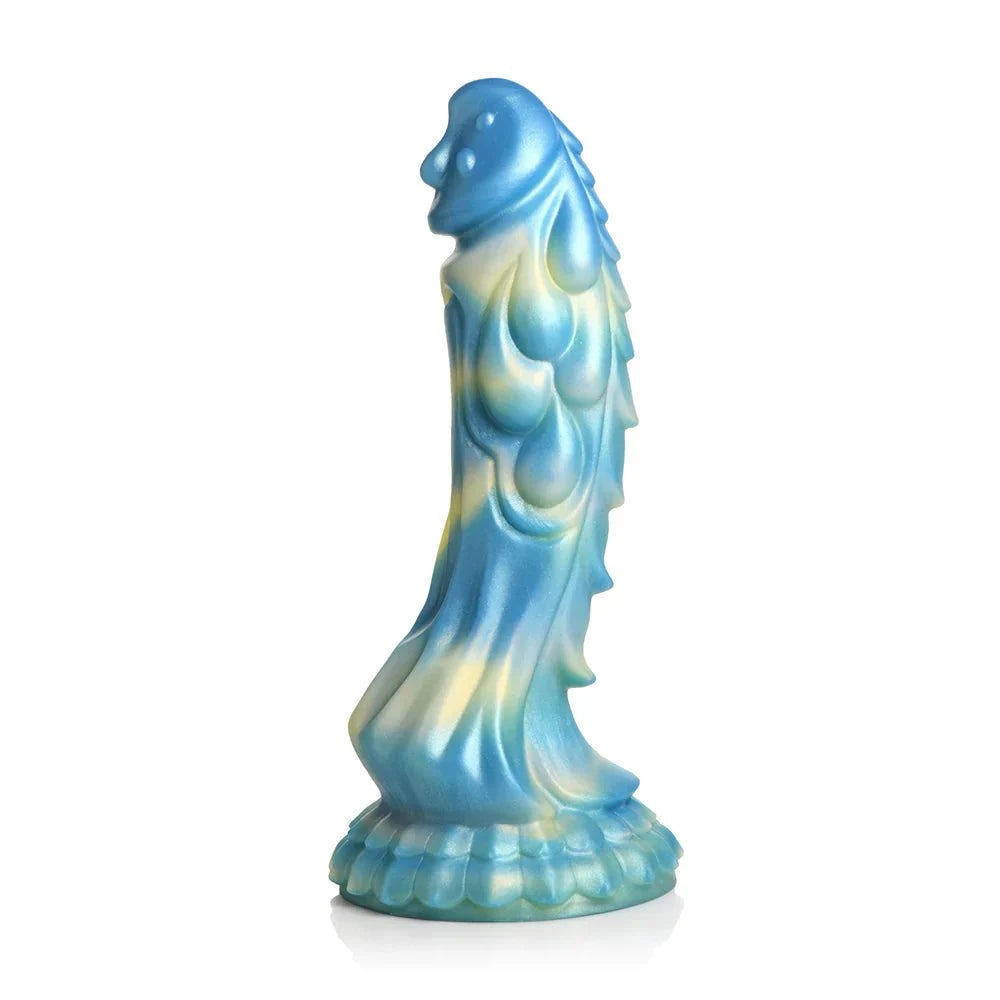 Creature Cocks Sea Stallion Vibrating Silicone Dildo with Remote in blue and yellow iridescent design, paisley patterns and ribbed scales, strong suction cup base.